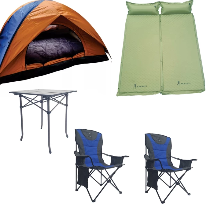 Combo NOMADIC Camping 2 Sillones director con concersvadora, 2 colchonetas autoinflables, 1 mesa plagable de aluminio + Carpa 2 personas